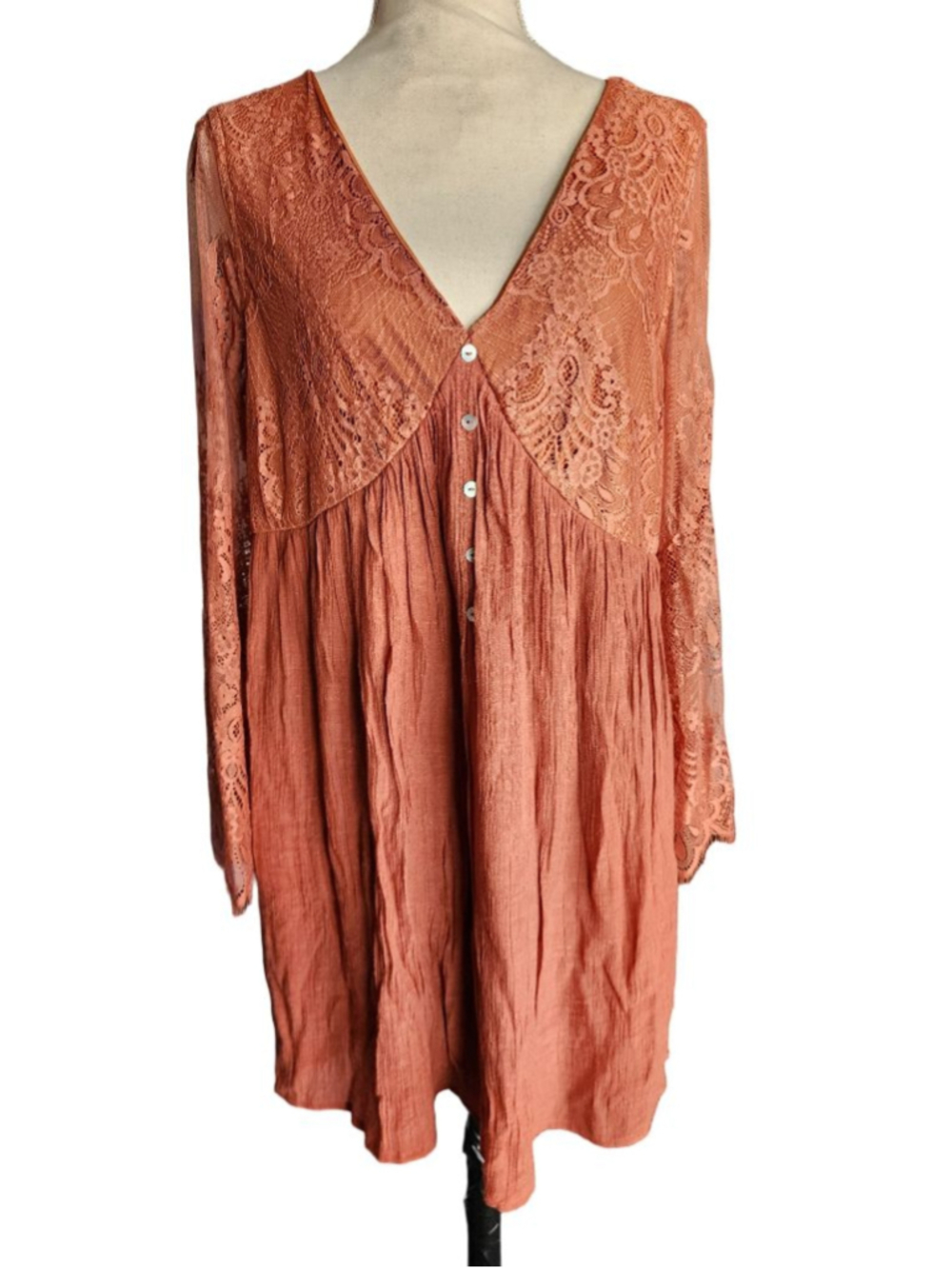 BaeVely Rust Terracotta Lace Bell Sleeve Mini Dress Tunic Boho Peasant Blouse M